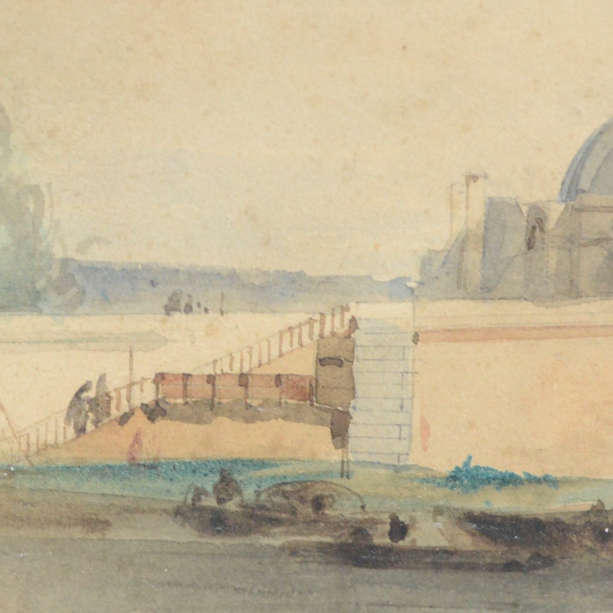 Dessin En Aquarelle Attribué à Eugène Edouard Soules (1811-1876) Vue De Paris-photo-1