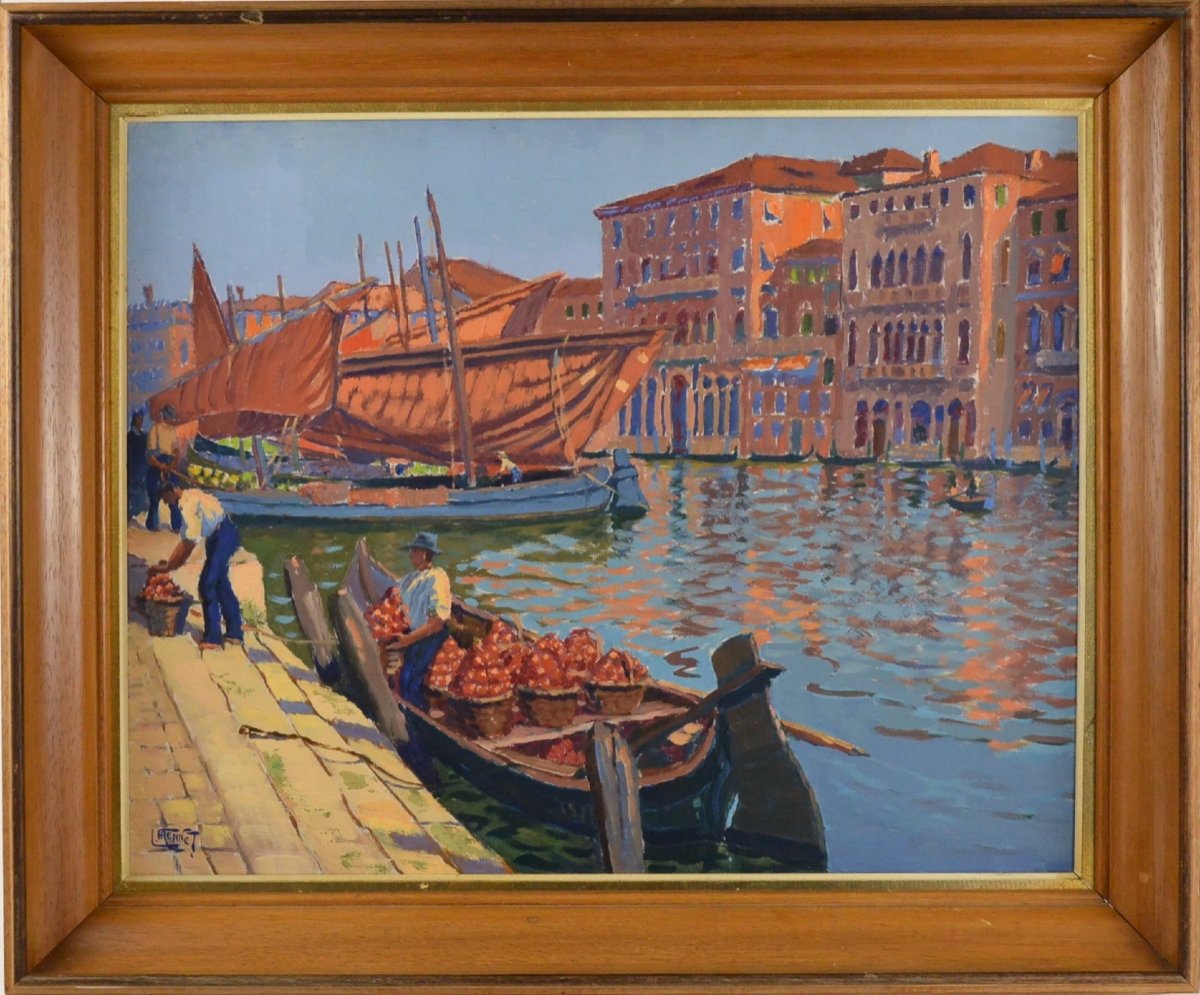 Lucien Frennet (1888-1949) Le March&eacute; Du Rialto Venise Huile Sur Toile