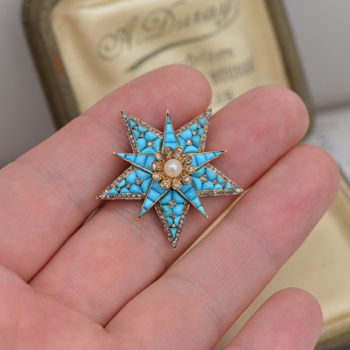 Broche En Or 18 K Orn&eacute;e De Turquoise, Diamants Et Perles-photo-2