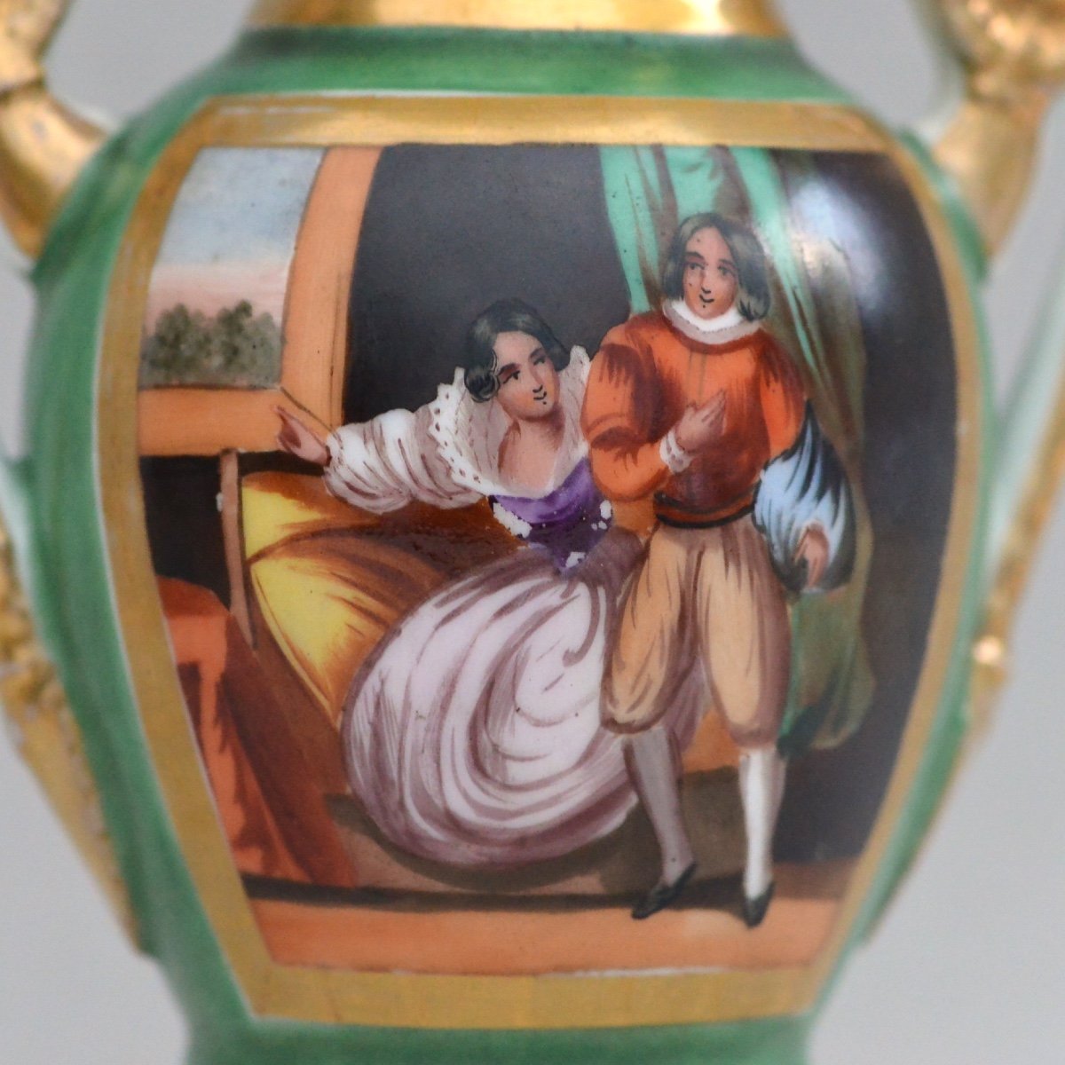 Restoration Period Porcelain Vase With  Romantic Scene Decoration 19th Century-photo-2