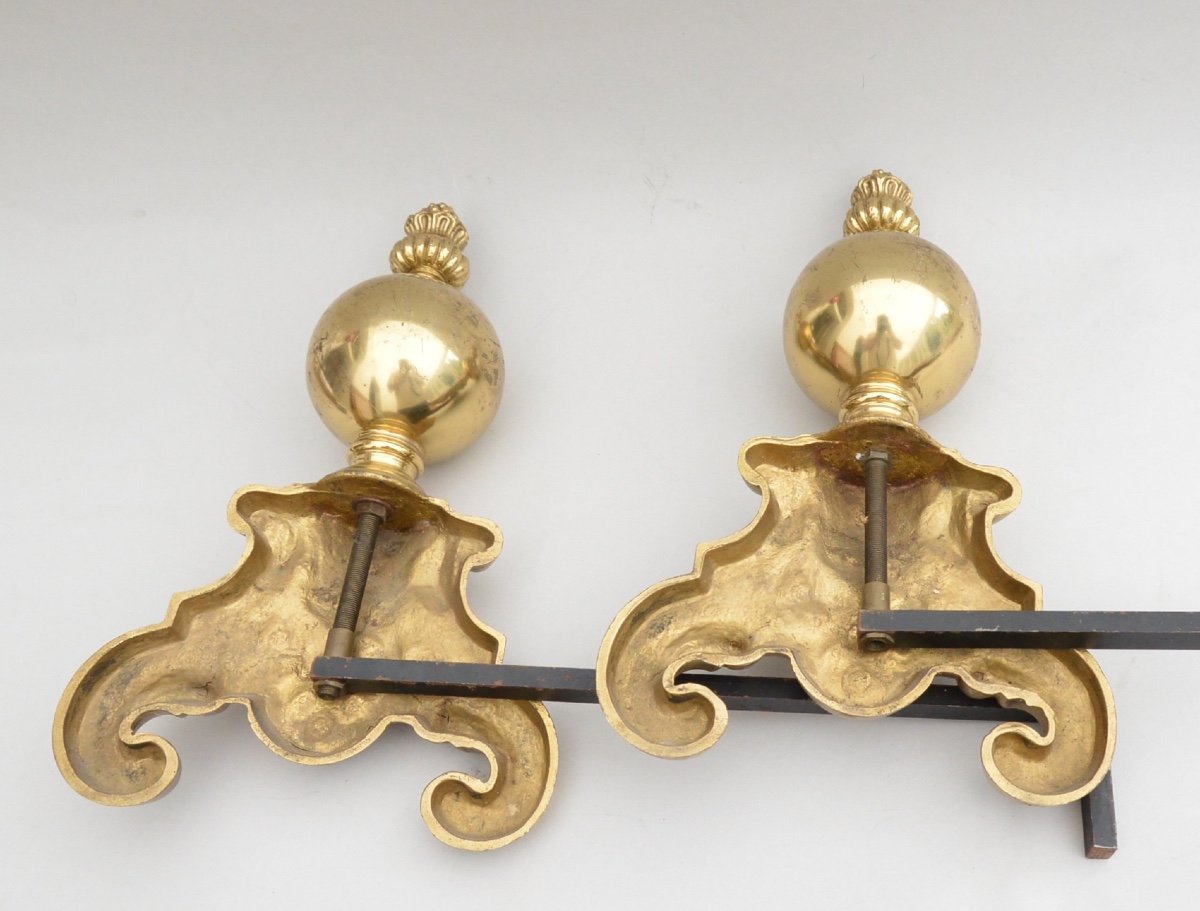 Pair Of Renaissance Style Andirons In 19th Century Gilt Bronze-photo-5