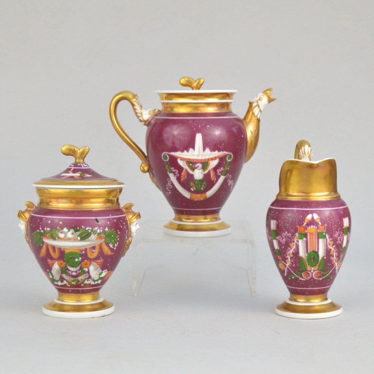 Miniature Paris Empire Porcelain Service With Polychrome Decor On A Purple Background 19th Century