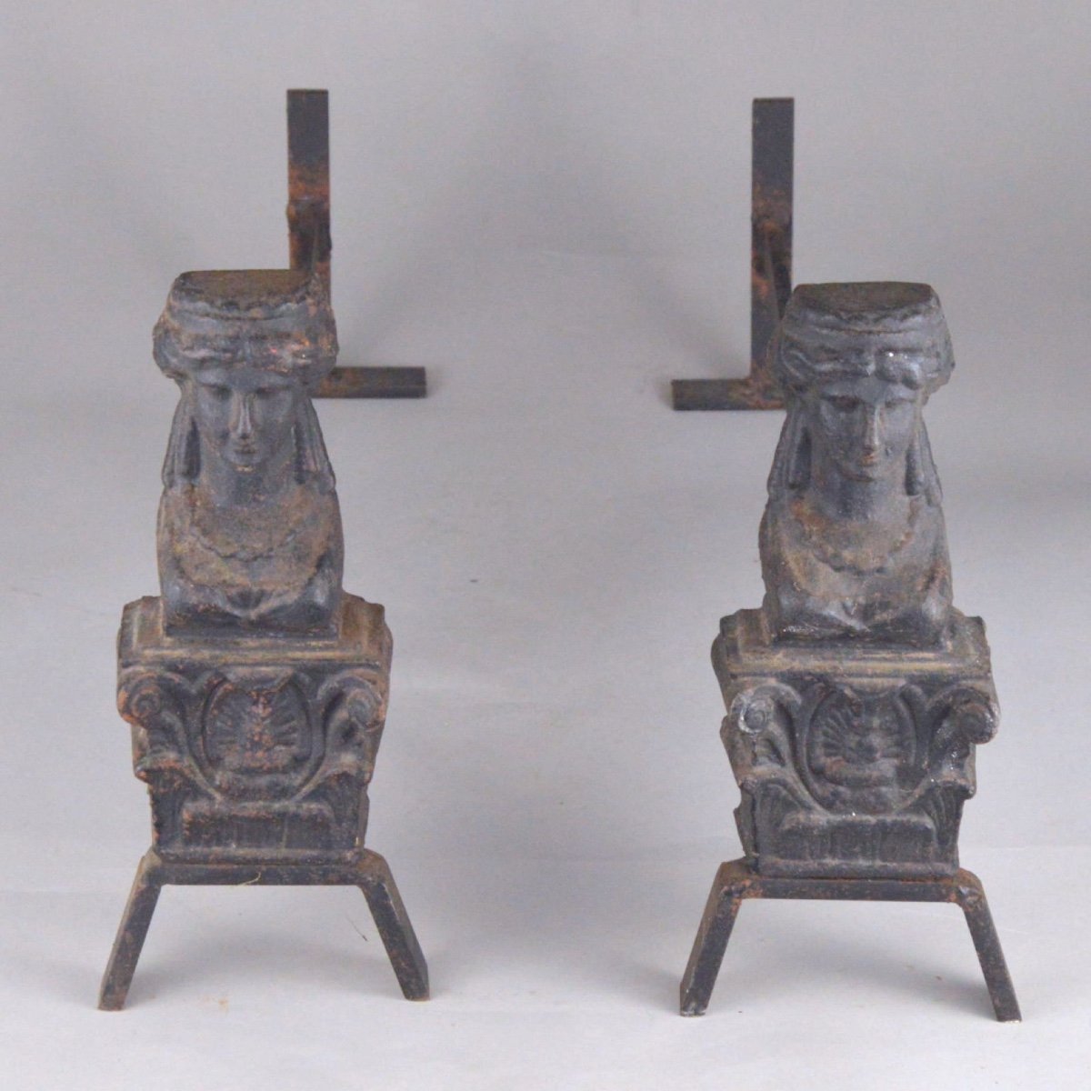 Pair Of Antique 19th Century Cast Iron Andirons With Female Busts-photo-2