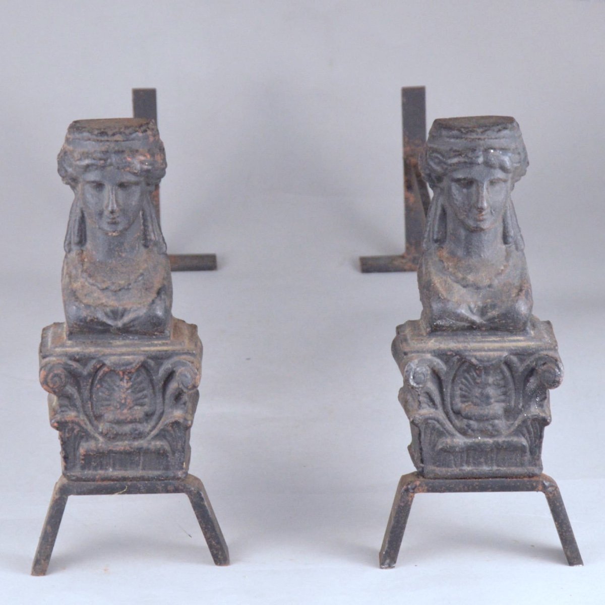 Pair Of Antique 19th Century Cast Iron Andirons With Female Busts-photo-3