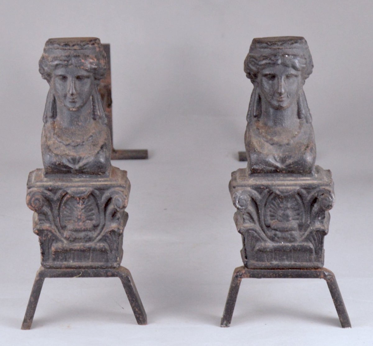 Pair Of Antique 19th Century Cast Iron Andirons With Female Busts-photo-1