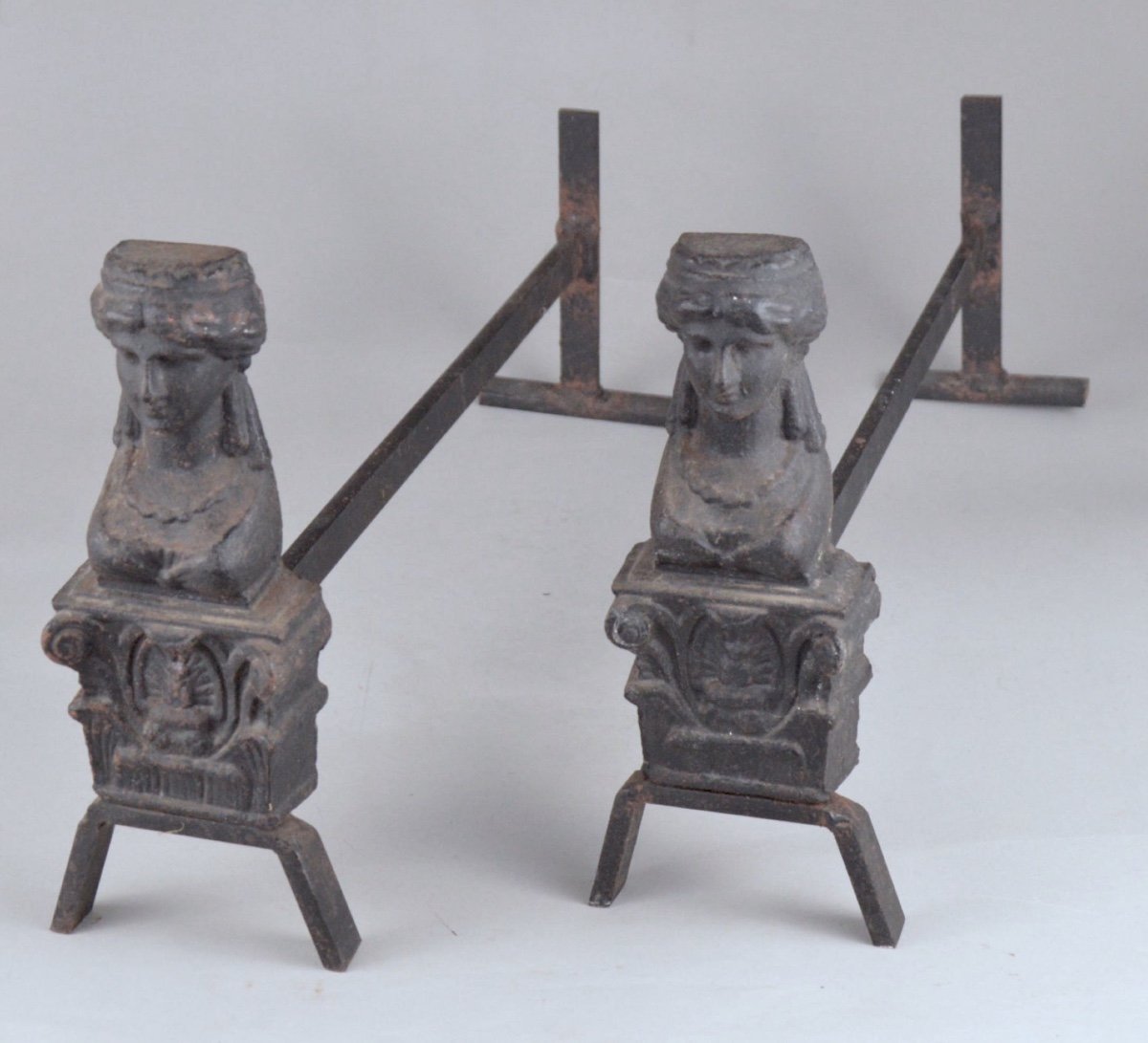 Pair Of Antique 19th Century Cast Iron Andirons With Female Busts