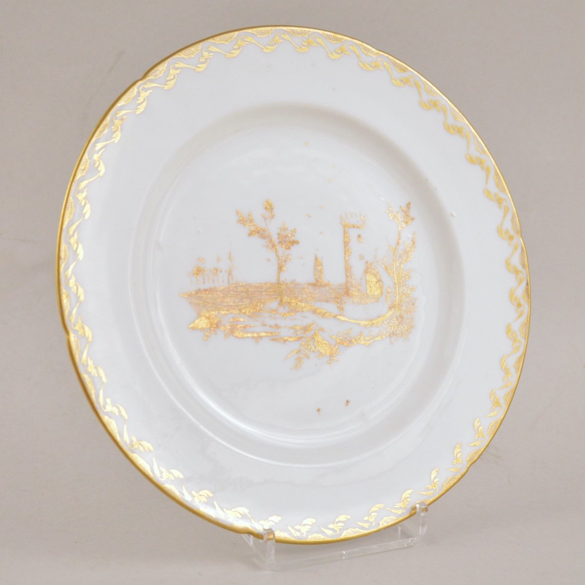 Assiette En Porcelaine De Bruxelles Louis Cretté à Décor Doré Paysage Circa 1800 Signé Lc-photo-4