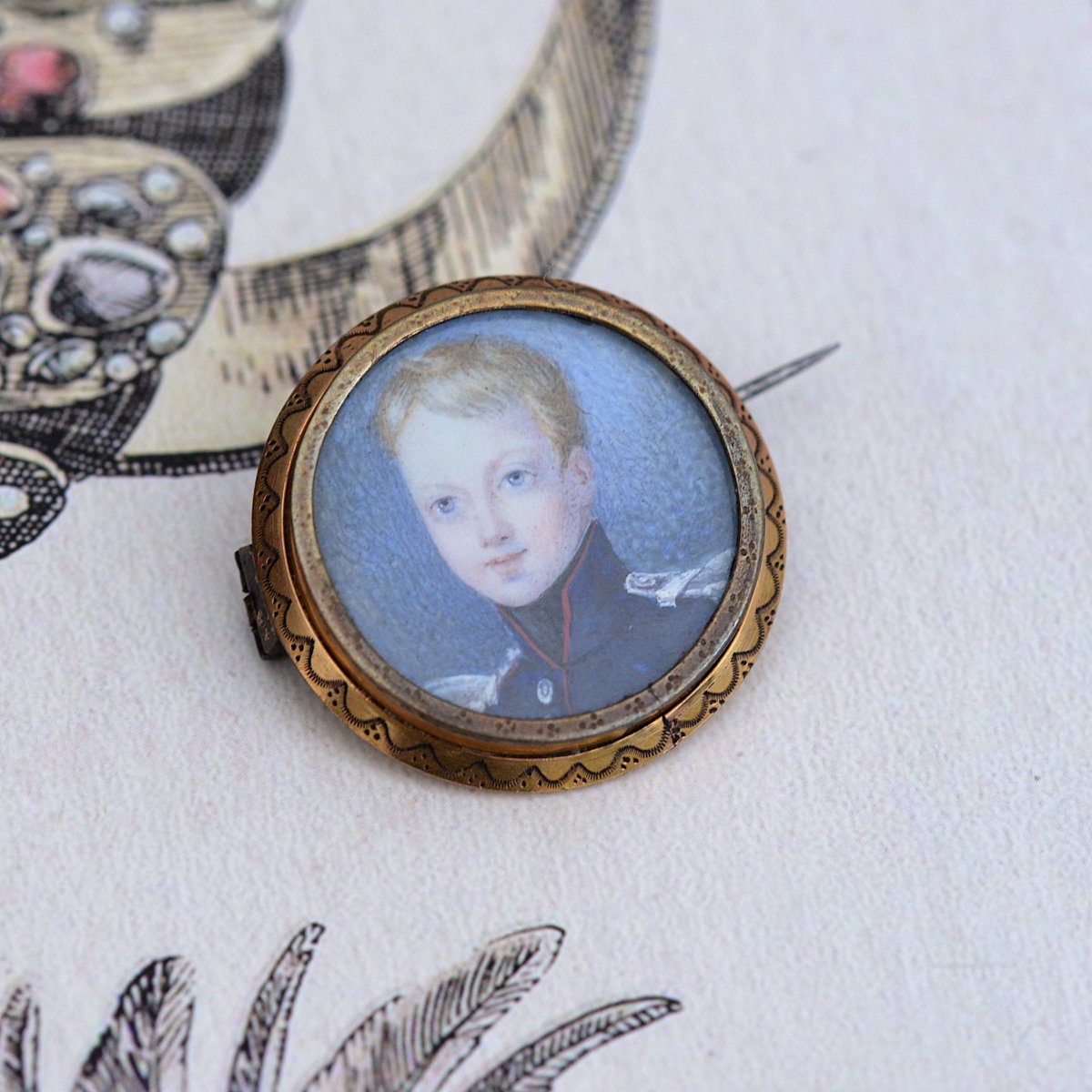 Gilt Metal Brooch With Miniature On Ivory
