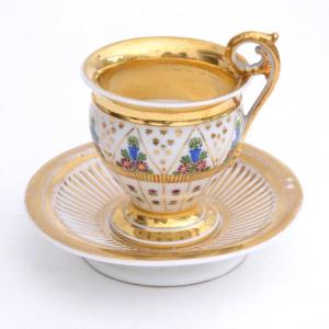 Porcelain Cup With Empire Style Saucer With Floral And Gilded Decor 19th Century