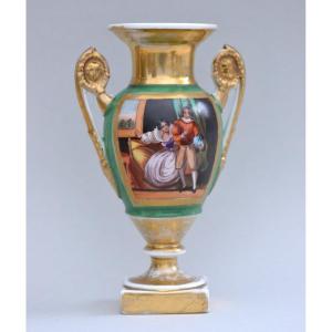 Vase En Porcelaine d'époque Restauration à Décor Scène Romantique XIXème