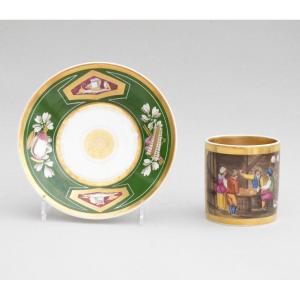 Paris Porcelain Litron Cup  With Polychrome Decoration Genre Scene 19th Century 