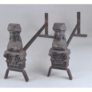 Pair Of Antique 19th Century Cast Iron Andirons With Female Busts