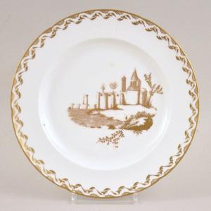 Louis Cretté Brussels Porcelain Plate With Gilded Landscape Decor Circa 1800 Signed Lc