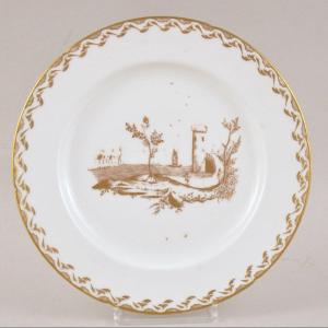 Louis Cretté Brussels Porcelain Plate With Gilded Landscape Decor Circa 1800 Signed Lc