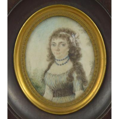 Antique Miniature Portrait Of An Aristocratic Lady. Early 19th Century