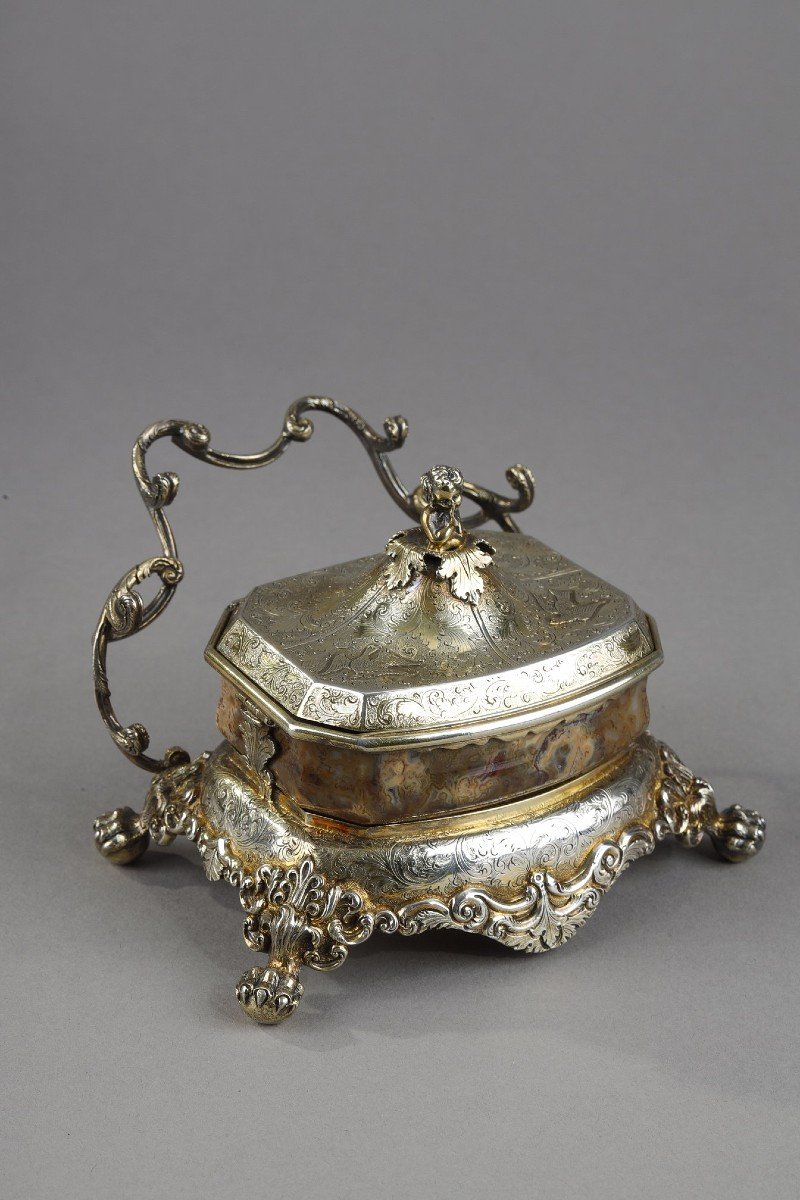 Inkwell In Vermeil And Agate. English Work. Circa 1830