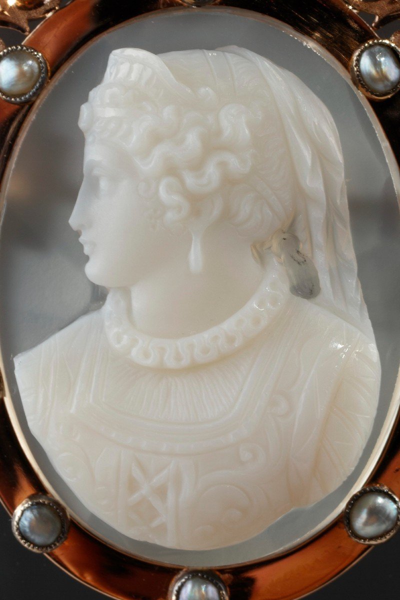 Gold Brooch, Pearls And Cameo On Agate, 19th Century-photo-2