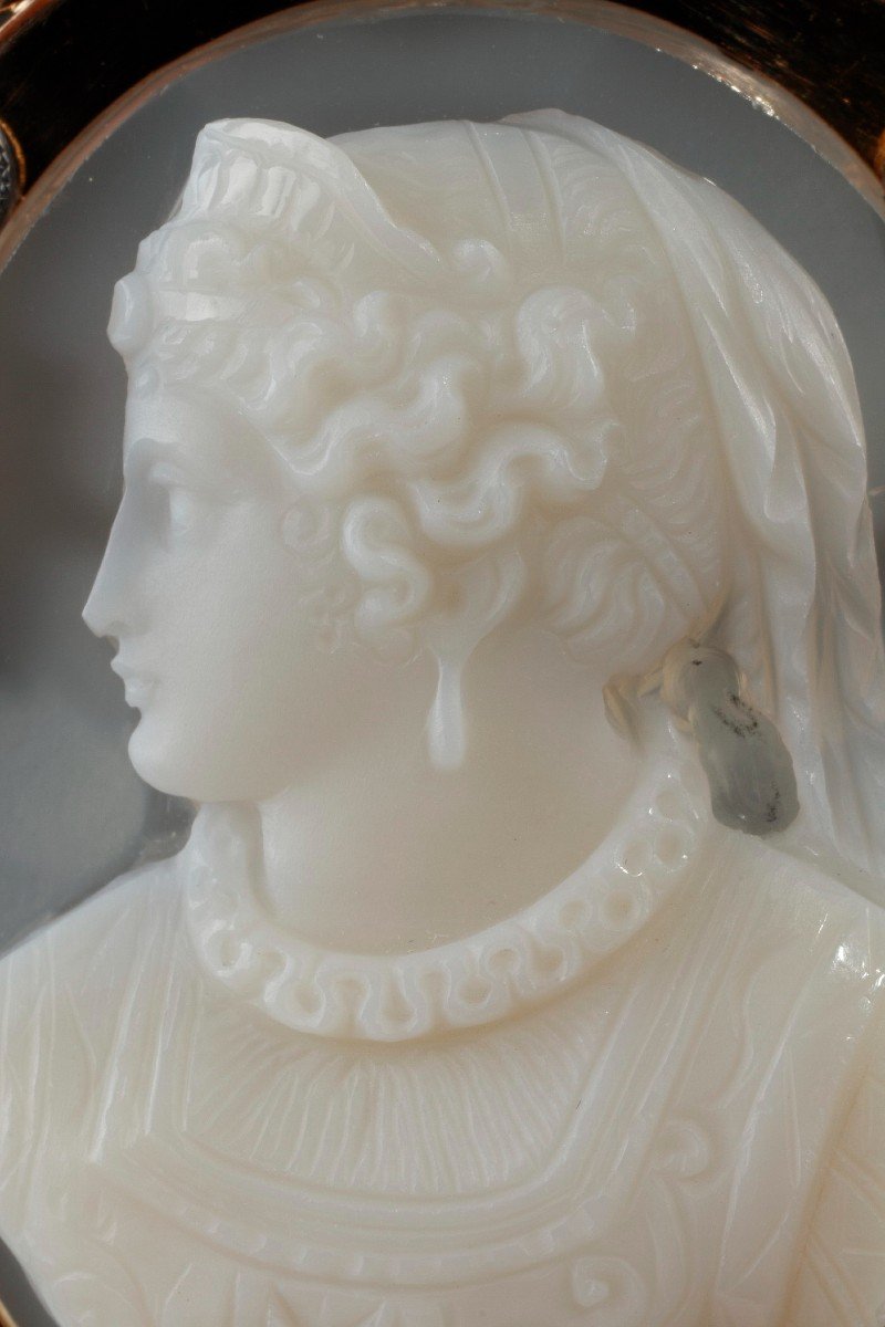 Gold Brooch, Pearls And Cameo On Agate, 19th Century-photo-3