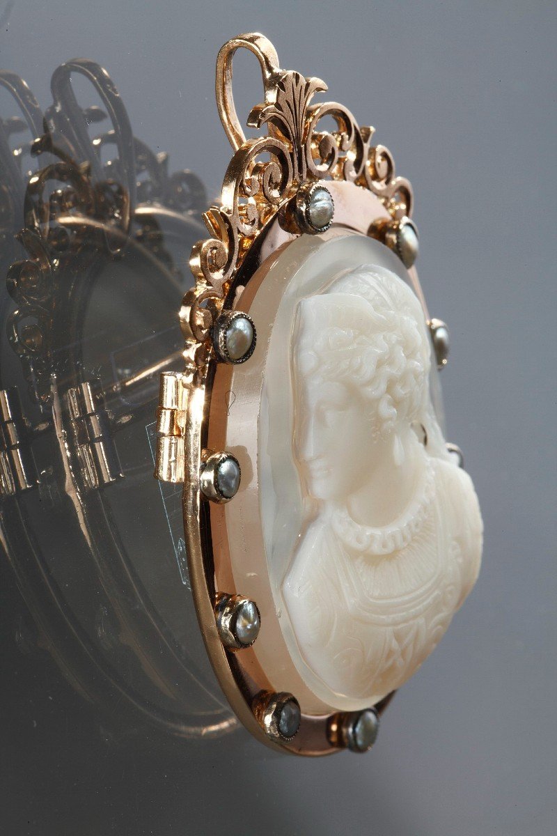 Gold Brooch, Pearls And Cameo On Agate, 19th Century-photo-3