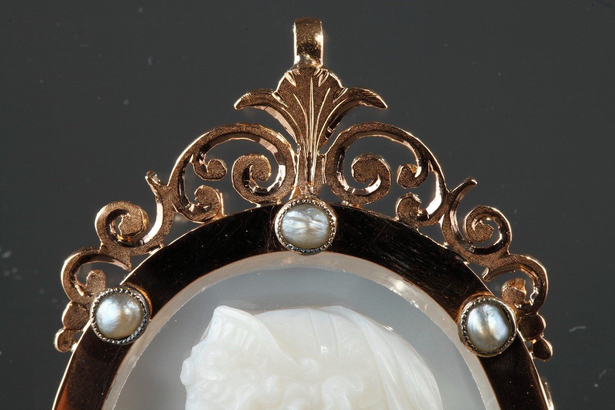 Gold Brooch, Pearls And Cameo On Agate, 19th Century-photo-4