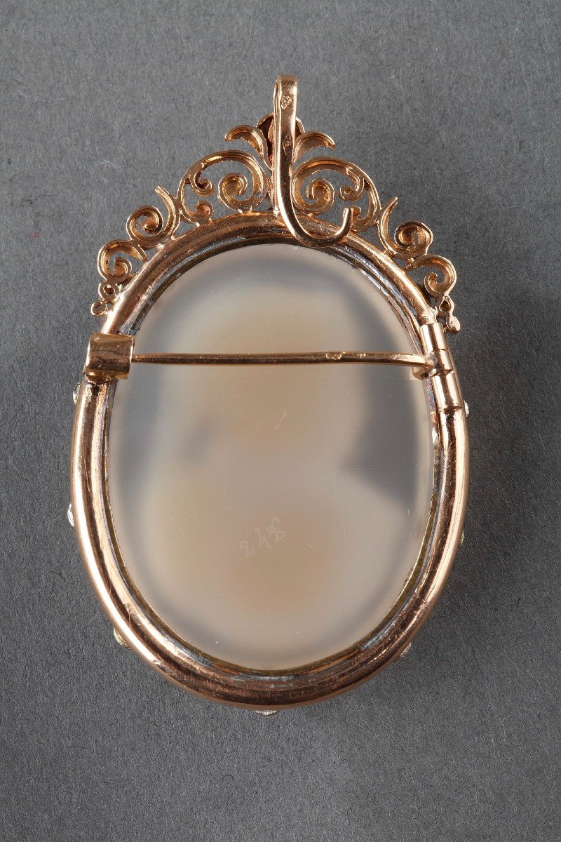 Gold Brooch, Pearls And Cameo On Agate, 19th Century-photo-5