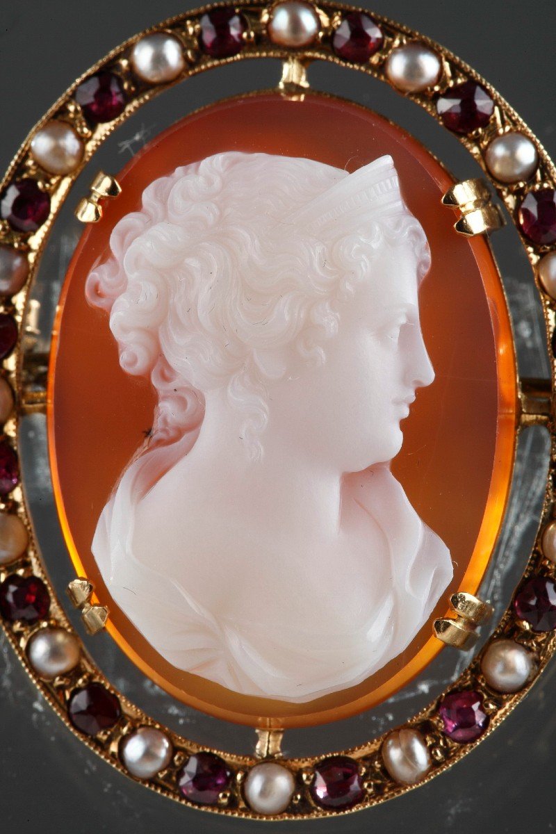 Cameo On Pink Agate Mounted As A Brooch In Gold And Fine Stones, Mid-19th Century-photo-3