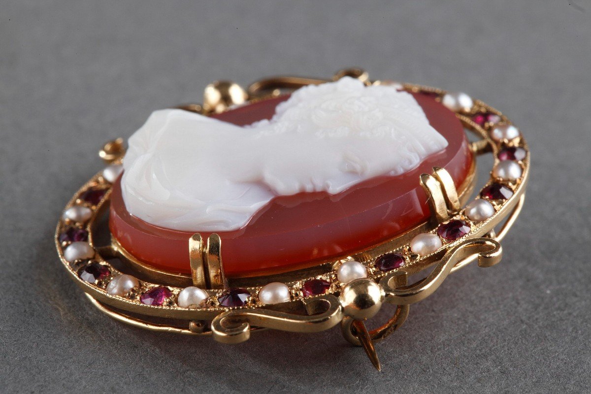 Cameo On Pink Agate Mounted As A Brooch In Gold And Fine Stones, Mid-19th Century-photo-4