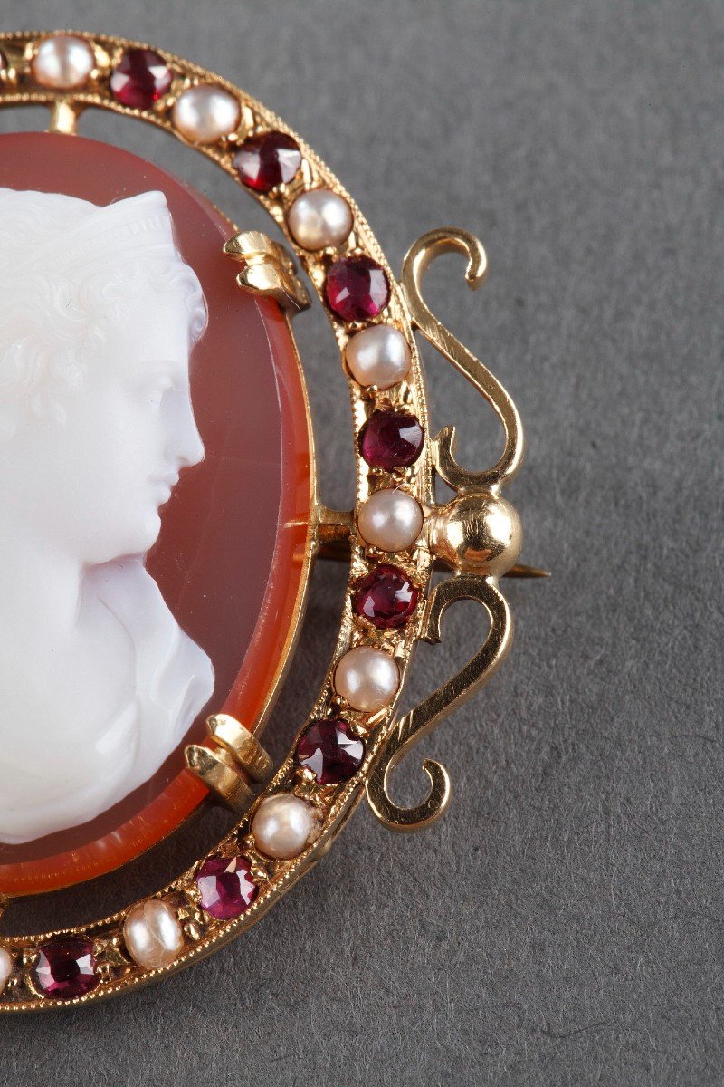 Cameo On Pink Agate Mounted As A Brooch In Gold And Fine Stones, Mid-19th Century-photo-5