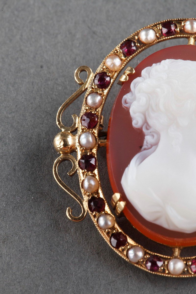 Cameo On Pink Agate Mounted As A Brooch In Gold And Fine Stones, Mid-19th Century-photo-6