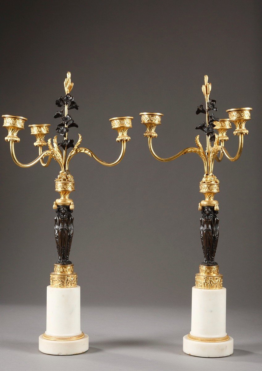 Pair Of Bronze And Marble Candelabra, Directoire Period-photo-2
