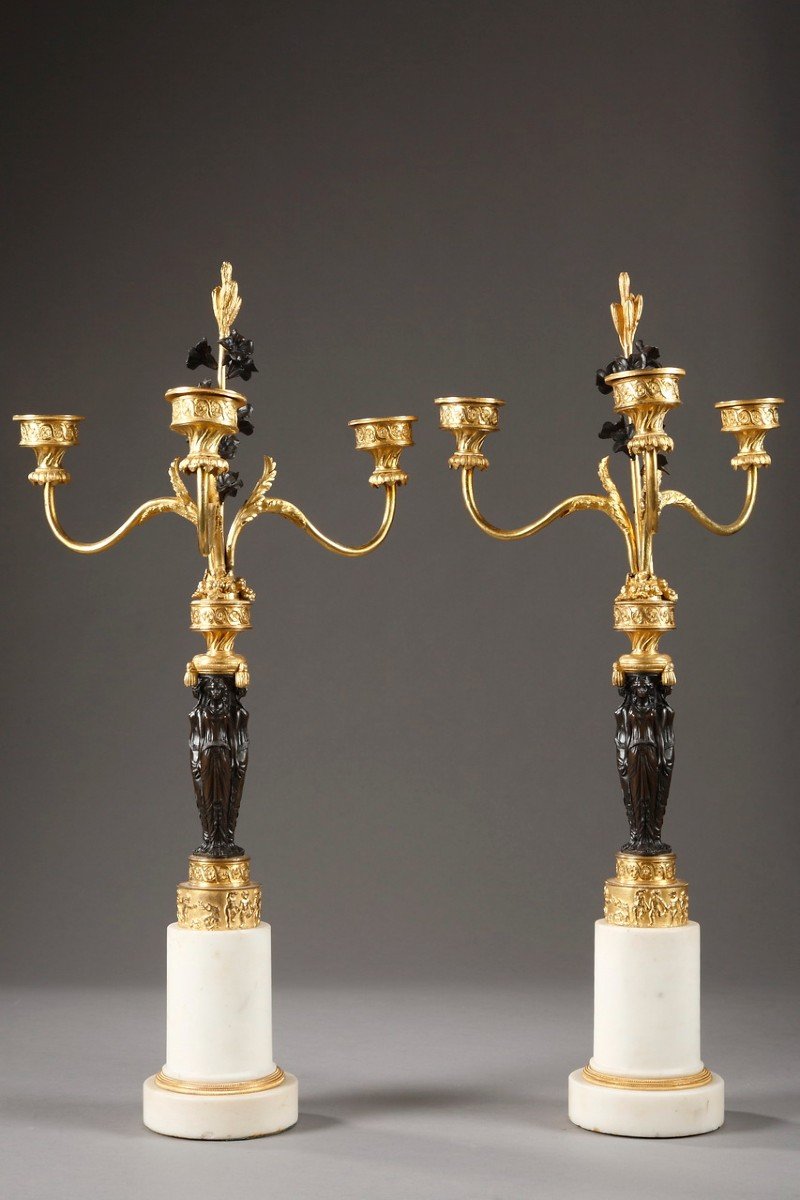 Pair Of Bronze And Marble Candelabra, Directoire Period