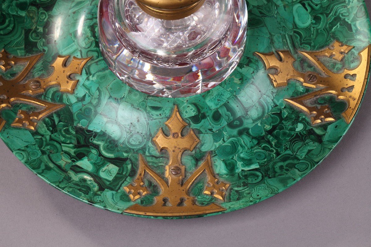 Encrier En Malachite, Cristal Et Bronze Doré Du XIXème Siècle. -photo-1