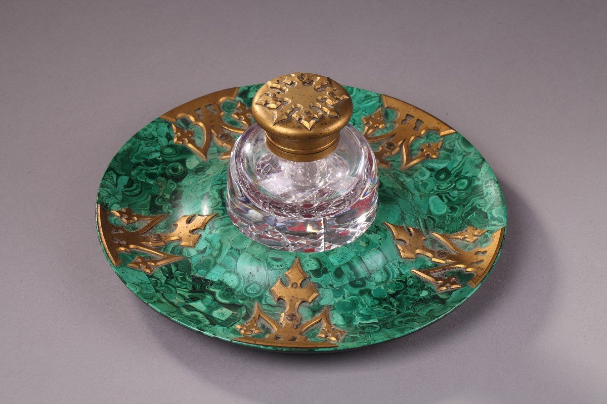 Encrier En Malachite, Cristal Et Bronze Doré Du XIXème Siècle. 