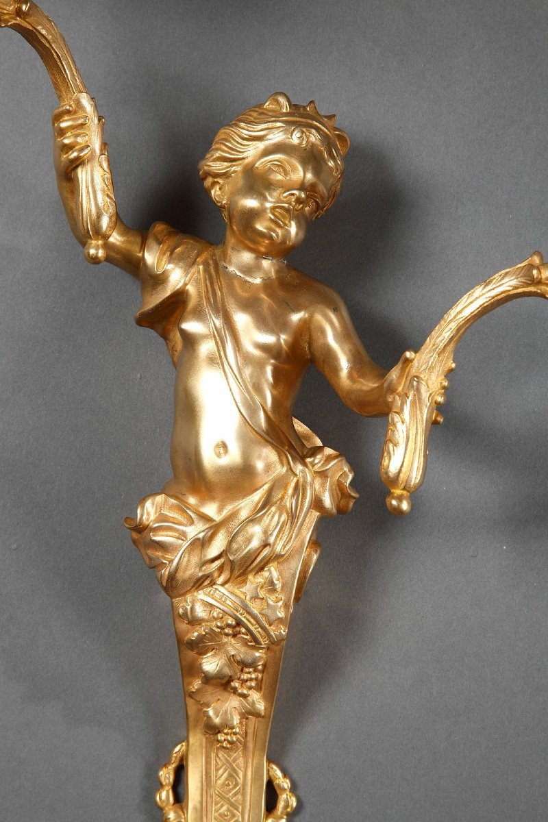 Paire Appliques Cherubin En Bronze Doré Napoléon III-photo-1