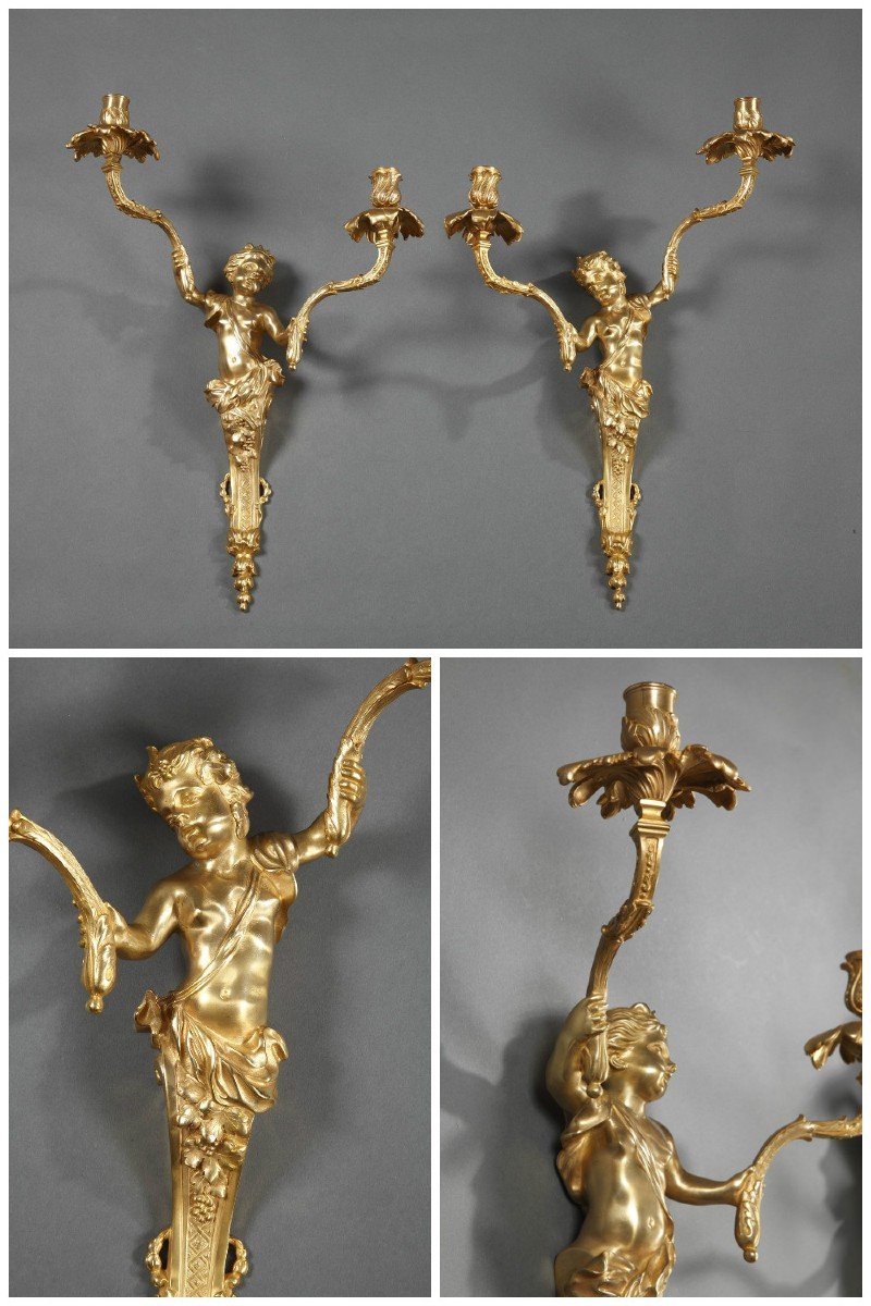 Paire Appliques Cherubin En Bronze Doré Napoléon III