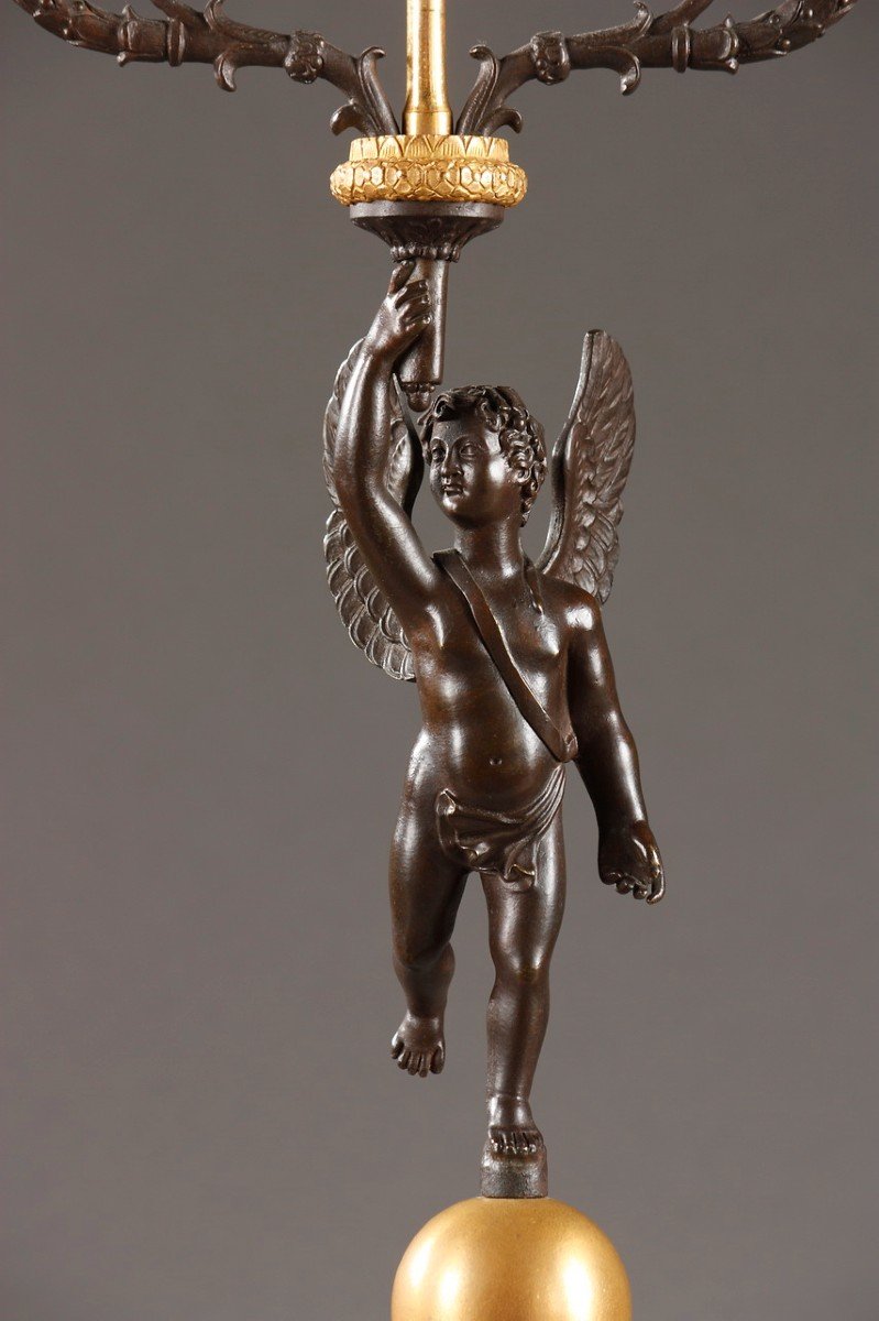 Paire De Candélabres En Bronze Doré Et Patiné à Putti-photo-2