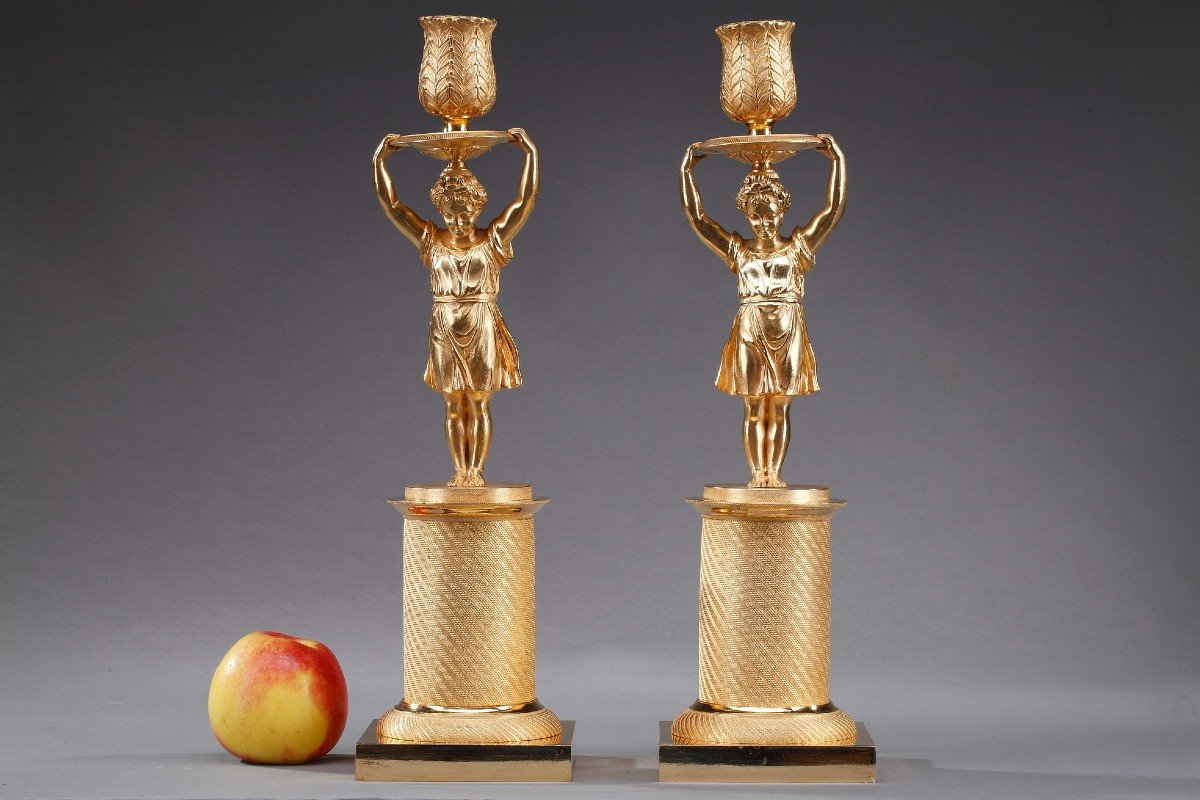 Pair Of Restoration Candlesticks In Gilt Bronze-photo-2