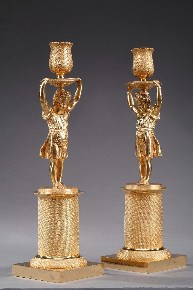 Pair Of Restoration Candlesticks In Gilt Bronze-photo-3