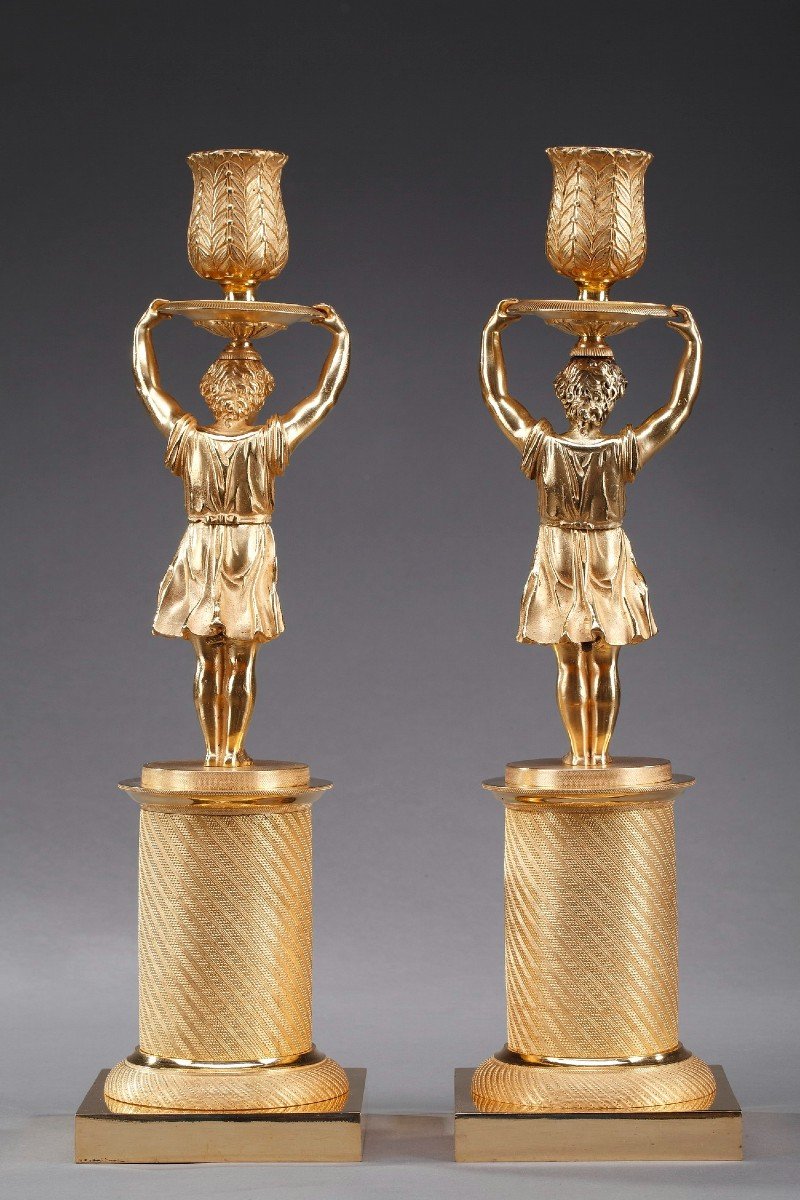 Pair Of Restoration Candlesticks In Gilt Bronze-photo-4