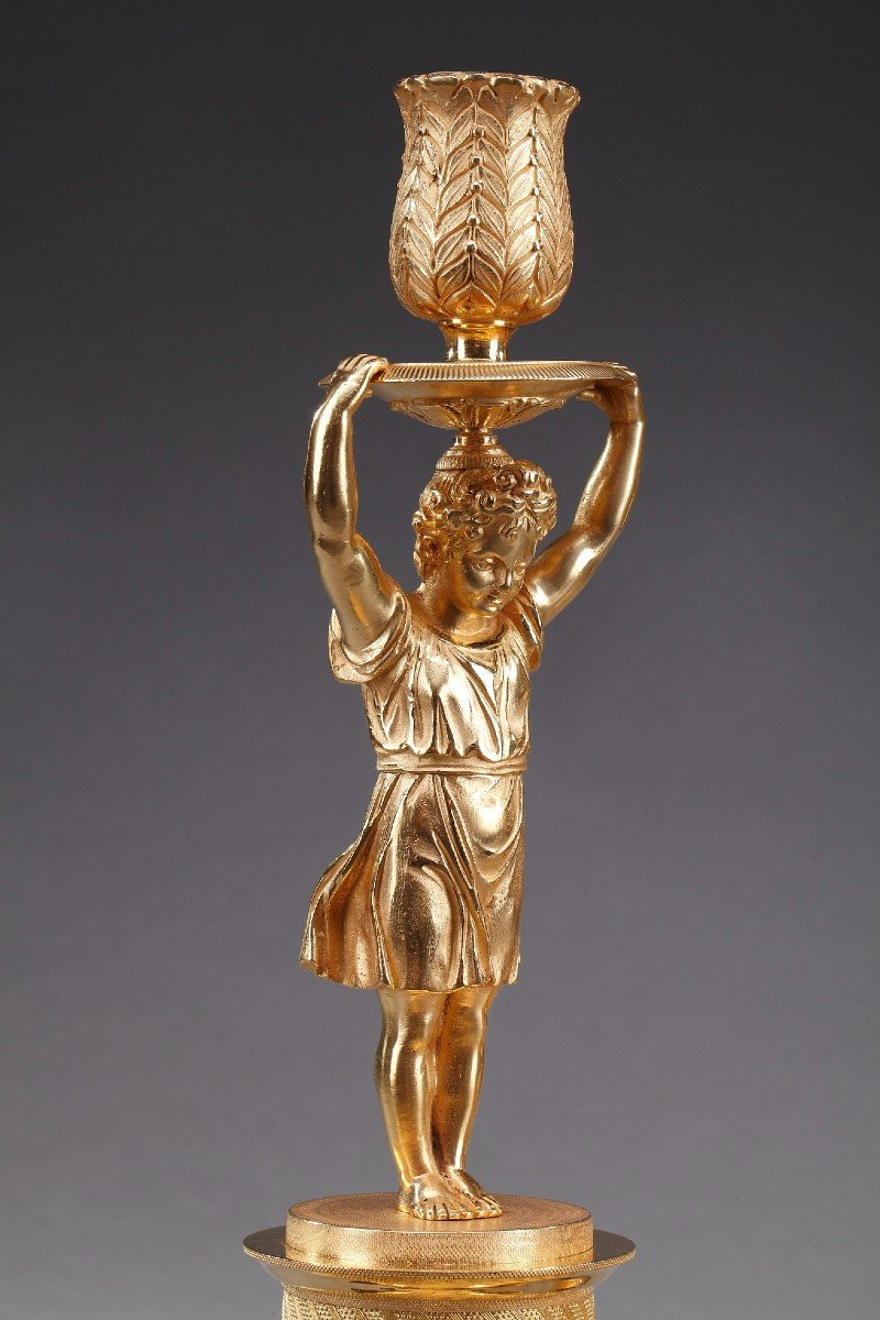 Pair Of Restoration Candlesticks In Gilt Bronze-photo-3