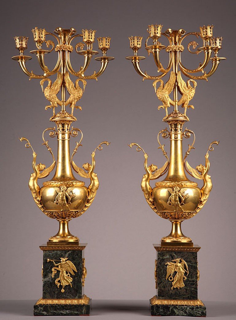 Pair Of Candelabra With Swans And Winged Women, Directoire Period 