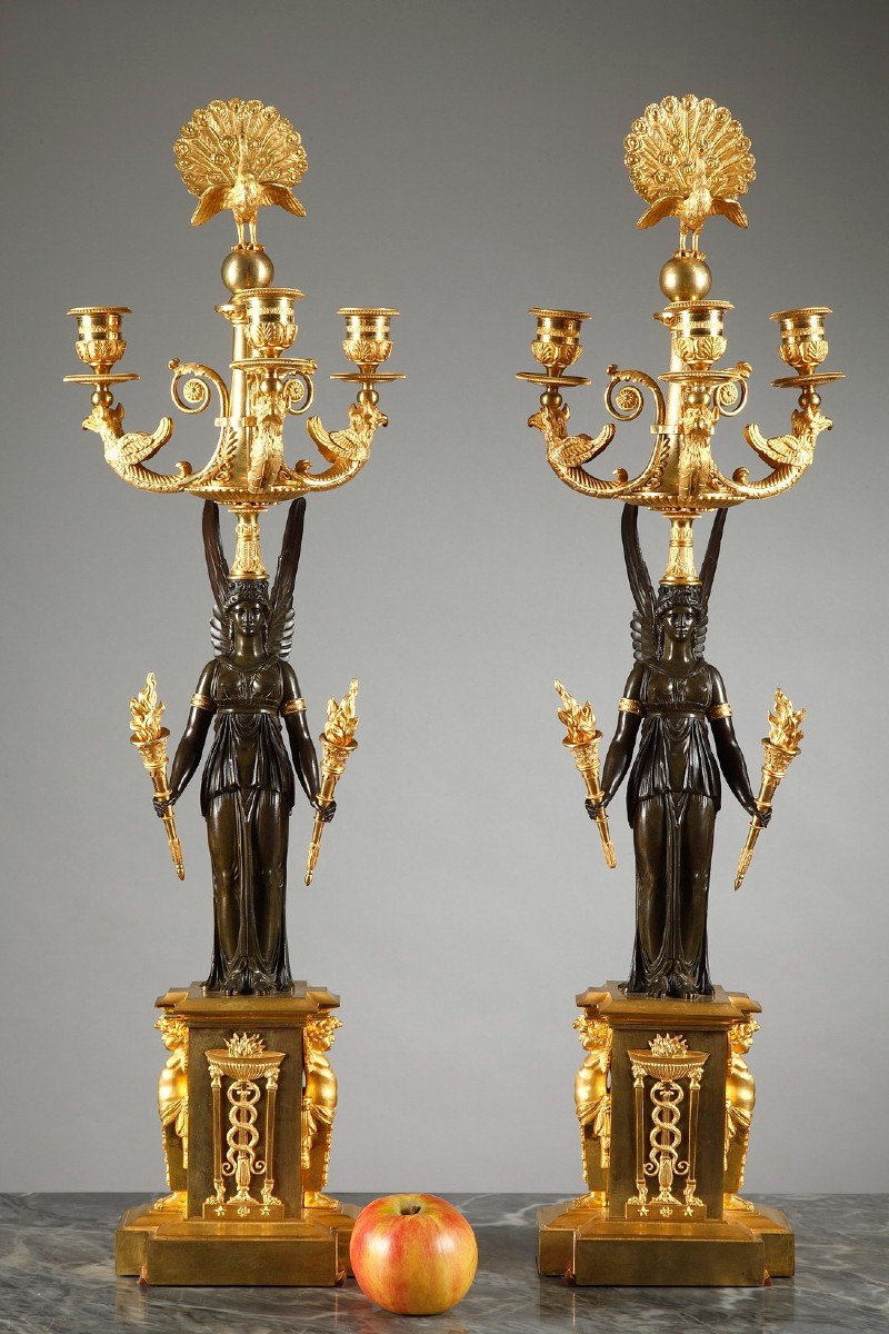 Pair Of Empire Period Candelabra With Peacocks And Winged Women -photo-2