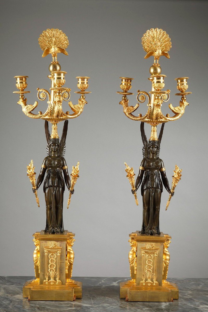 Pair Of Empire Period Candelabra With Peacocks And Winged Women -photo-3