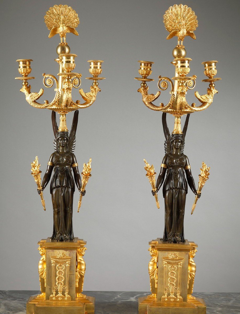 Pair Of Empire Period Candelabra With Peacocks And Winged Women -photo-4