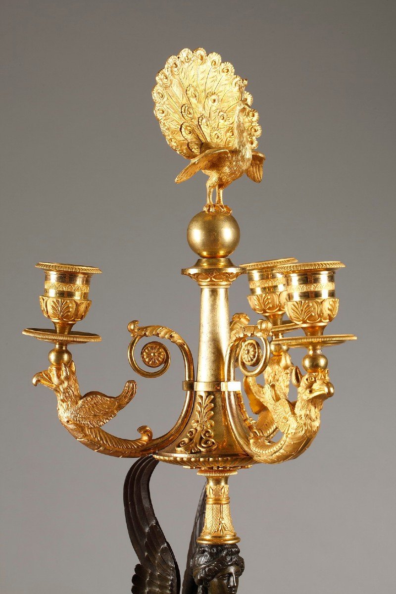 Pair Of Empire Period Candelabra With Peacocks And Winged Women -photo-3