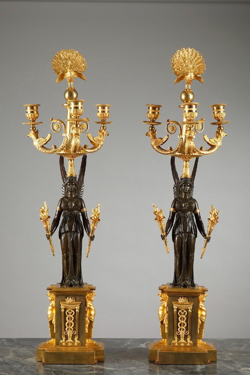 Pair Of Empire Period Candelabra With Peacocks And Winged Women 