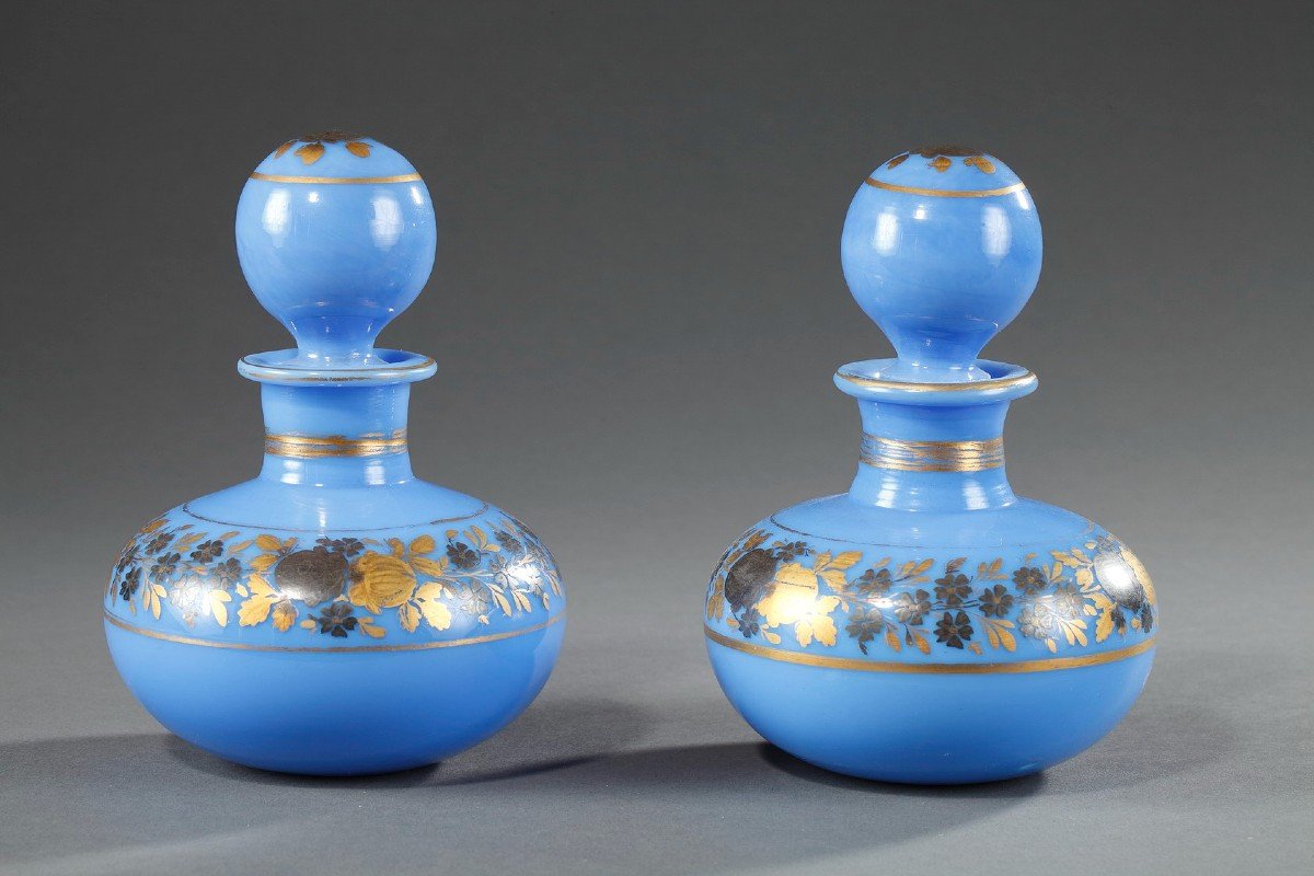 Pair Of Blue Opaline Bottles, Restoration Period. 