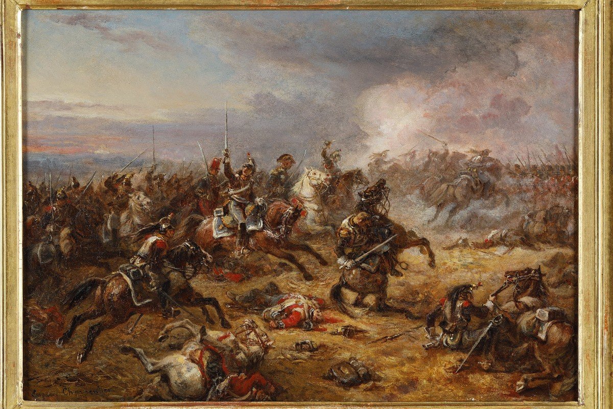 Painting Charge Of The French Cuirassiers At Watreloo Signed Eugène Charpentier-photo-2