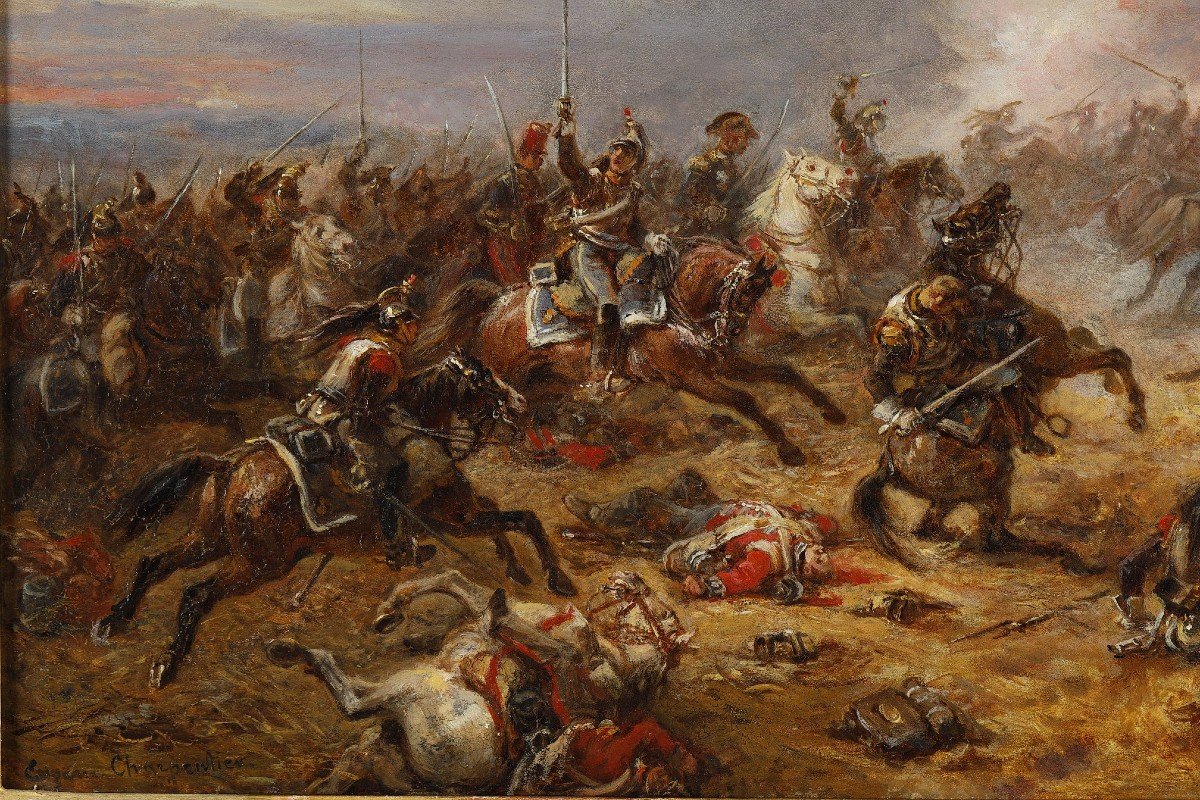 Painting Charge Of The French Cuirassiers At Watreloo Signed Eugène Charpentier-photo-3