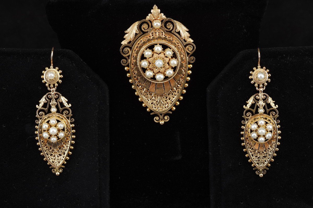 Parure Boucle d'Oreilles Et Broche Or Et Perle d'époque Napoléon 3-photo-2